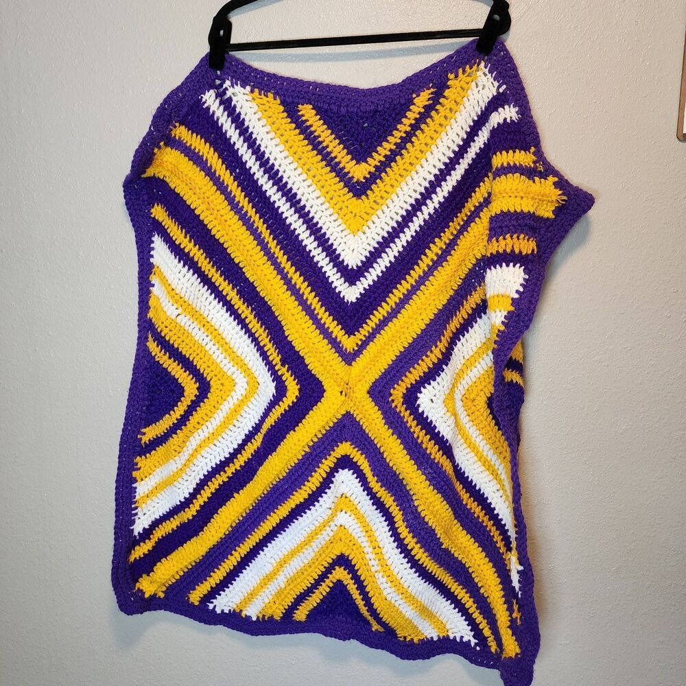 Handmade Crochet Blanket Throw Purple Gold White Geometric Chevron Afghan